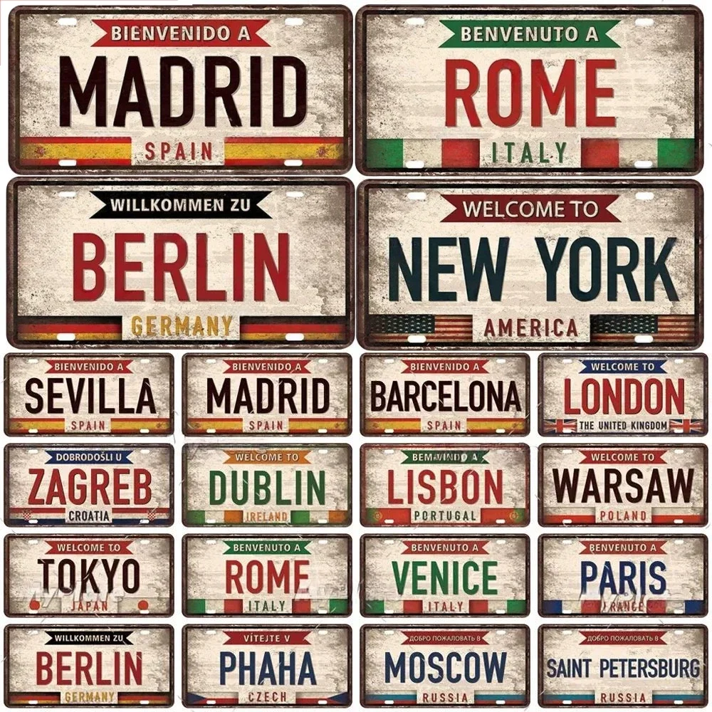 Vintage Berlin Madrid New York Paris Country City Style Plate Metal Sign Plaque Tin Sign Man Cave Bar Club Poster Decoration