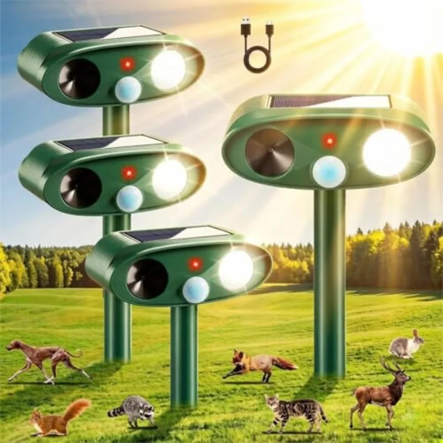 

Outdoor solar ultrasonic deer repellent with waterproof motion sensor for yard use, made of durable ABS plastic in black, featu