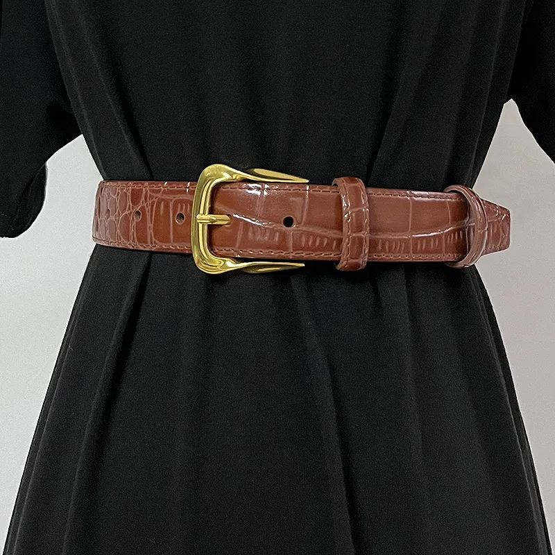 Cowhide Gilded Swivel Buckle Belt, Original Retro Classic Embossed Women's Crocodile Pattern Leather Belt