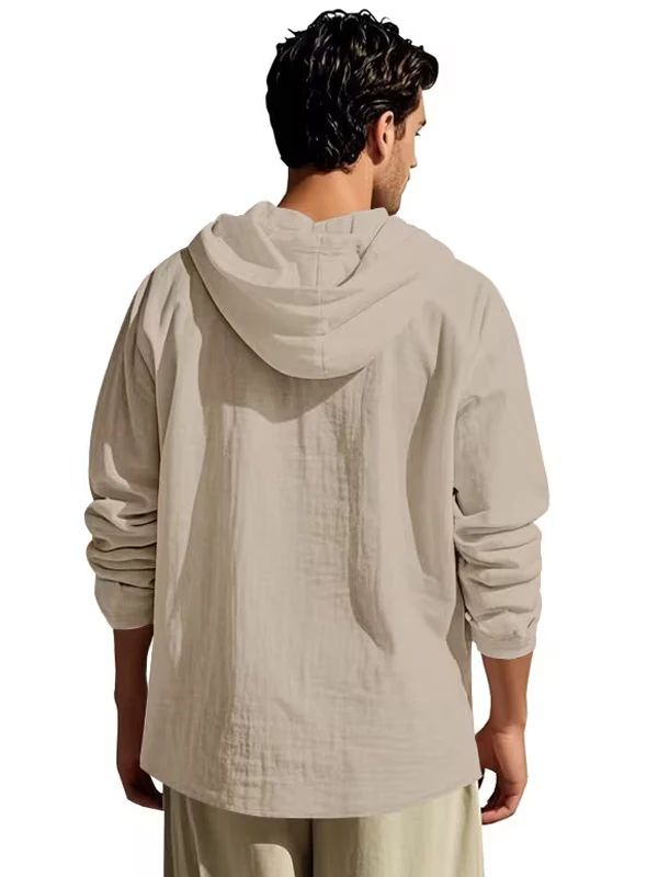Herren Baumwoll-Leinen Kapuzen-Henley-Shirt Pullover Atmungsaktiv Bequem Neuer Stil Vielseitige Freizeitkleidung – Detail 30