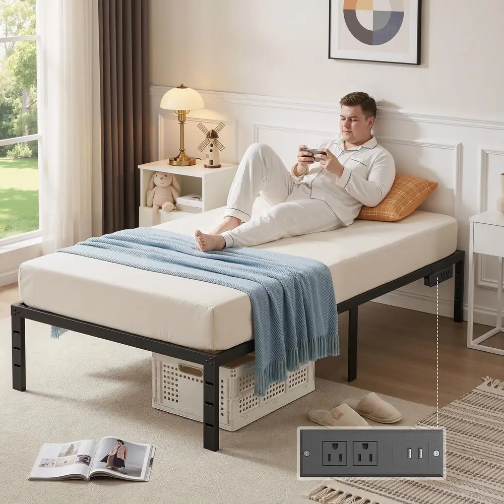 Base de Cama Individual Metálica con Enchufes, 2 Tomas de CA, 2 Puertos USB, Cable de 1.5m, 3 Alturas Ajustables para Cabecera (No Incluye Cabecera)