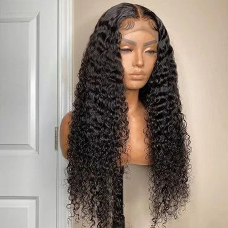 Perruque Lace Front Wig sans colle noire naturelle, cheveux crépus bouclés, douce, 26 pouces, densité 180, baby hair, pre-plucked, degré de chaleur, 03/3