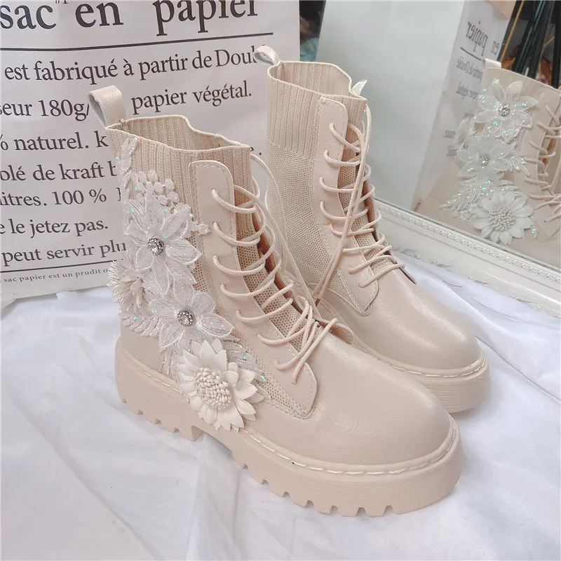 

Girls Boots Thick-bottom Straps Fashionmartin Boots Fairy High Tube Keep Warm Women Shoes Cute Bowknot Kawaii Snow Cos Flower