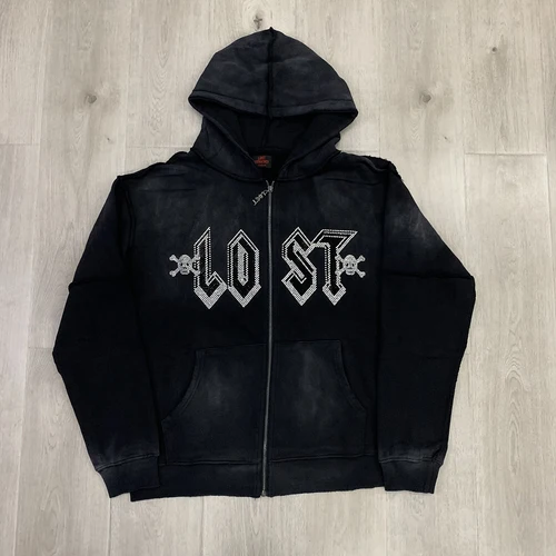 Imagen 2 del producto High Street Lose Rhineston brillante cremallera sudaderas con capucha para hombres cárdigan Terry chaqueta sudadera Casual suelta