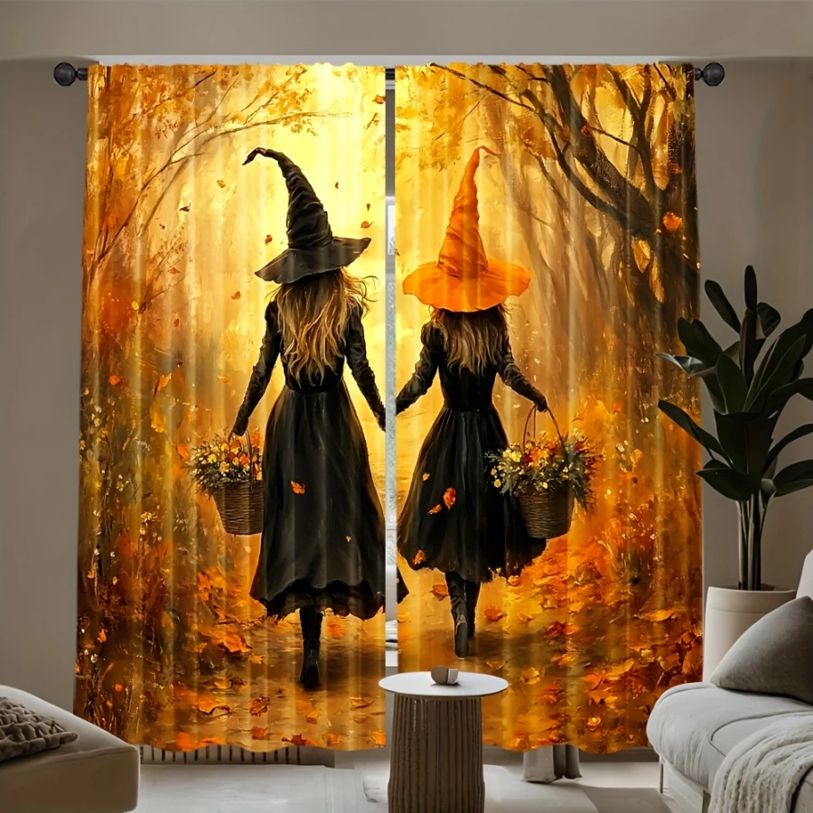 2PCS Digital Printed Curtains, Two Witches Holding Hands Autumn Forest, Golden Fall Magical Witch Halloween Window Decor Room