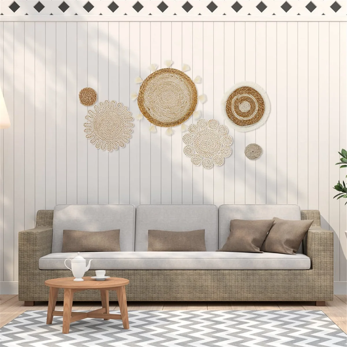 6 pezzi Boho Wall Basket Decor Set cestini piatti in Rattan intrecciato decorazione da appendere alla parete nappe fatte a mano cestini da parete a fiori Decor