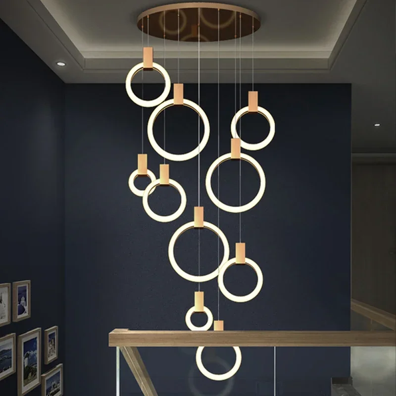 Modern Stairs Ceiling Chandelier Black/Golden Al indoor LED Lighting Acrylic Ring Home decor Lamps Nordic Parlor Hanging lights