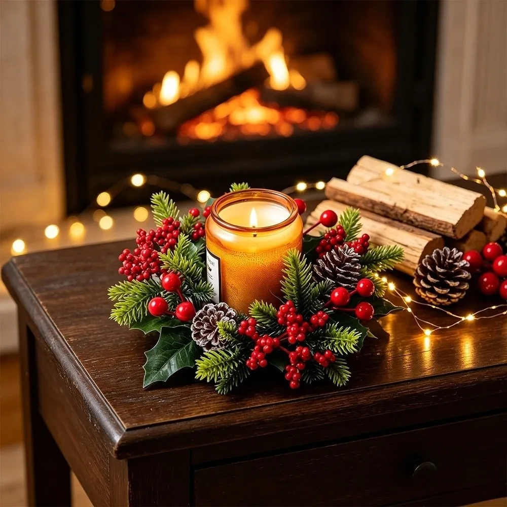 Artificial Pine Needle Christmas Candle Ring Red Berry Plastic Pillar Candle Garland Durable Versatile Table Centerpiece