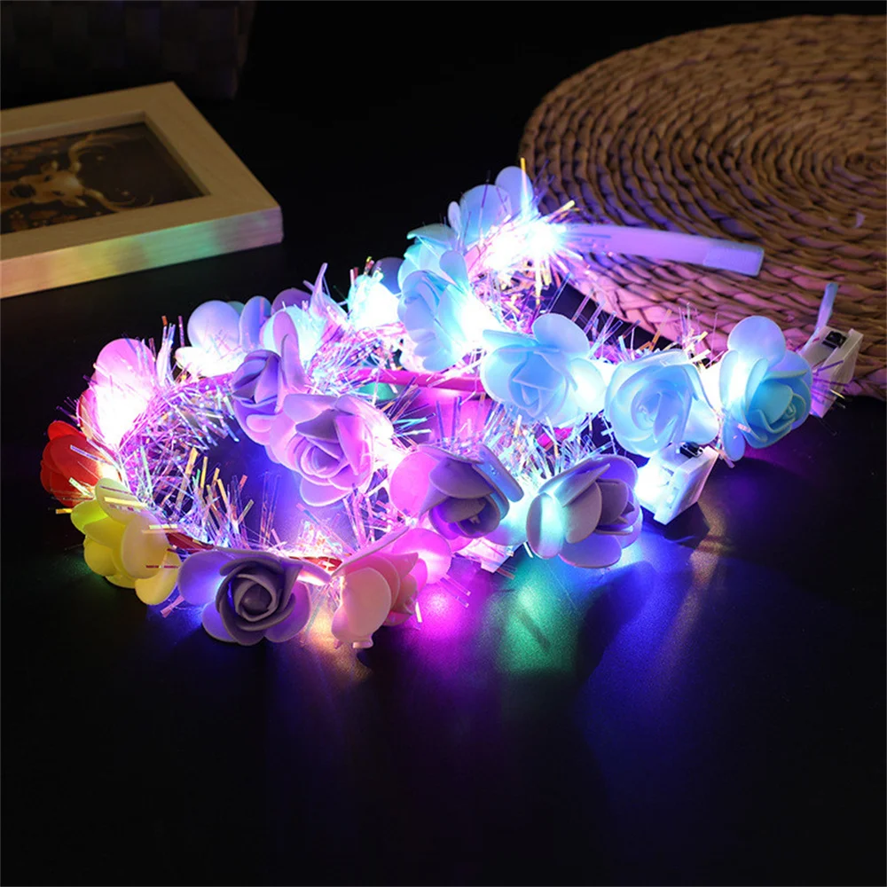 Romantic Glowing Wreath LED Light Rose Flowers Hairband Headpiece For Wedding Party Girl Birthday Favor Luminous Hair Garlands