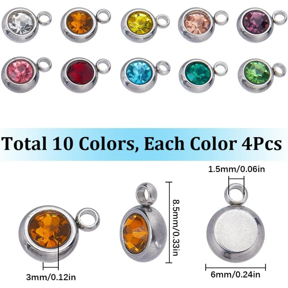 1 Box 40Pcs 10 Colors Stainless Steel Rhinestone Charms Bulk Crystal Charm Round Beads Mini Small Birthstone Charms making kit