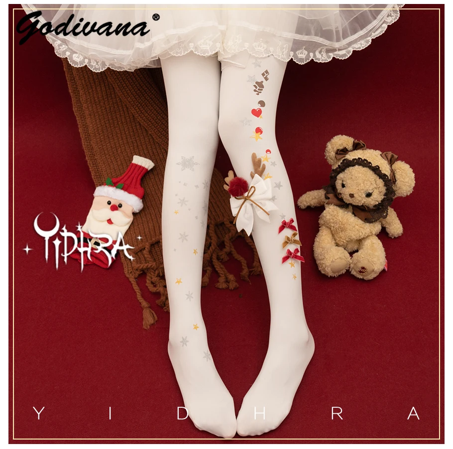 

Original Design Lolita Pantyhose Christmas Gift Girl Female Girls Printed White Black and Red Tights Stockings Women Leggings