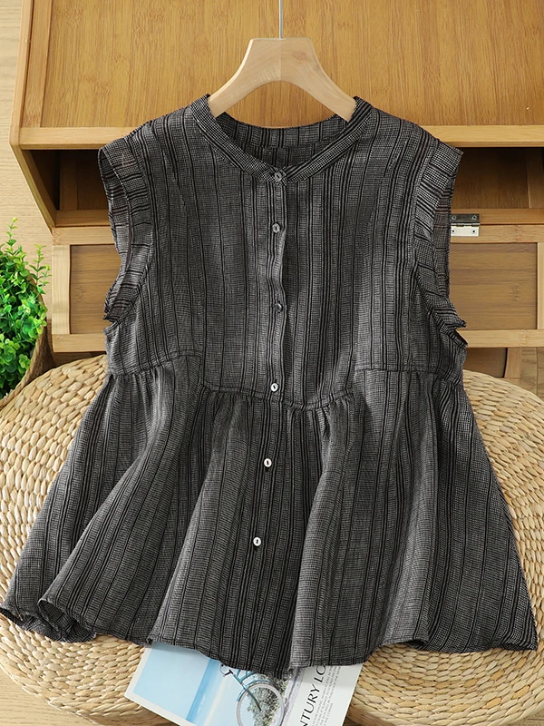 

Retro Flax Stripe Shirt Vest Women Summer Age Reduction Unique Belly Conceal Slimming Sleeveless Doll Shirt Top