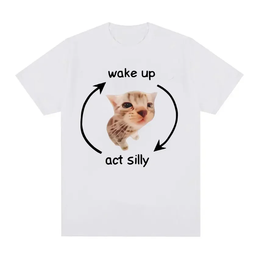 Women Casual Loose T Shirts Wake Up Act Silly Meme Graphic T Shirt Funny Cute Cat Print Short Sleeve T-shirt