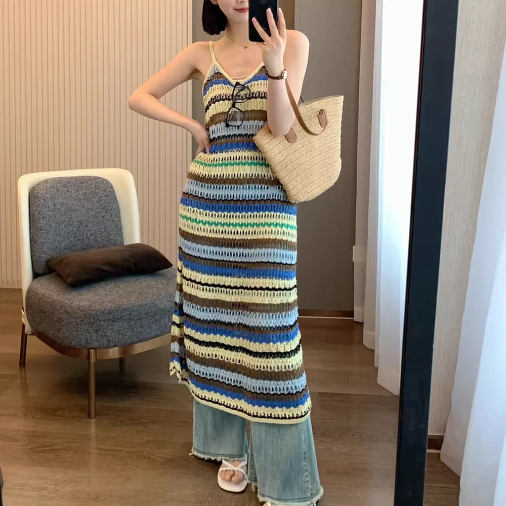 

SE Home 2024 New Summer Hollow Stripe Knitted Dr Women's High Waist Fre Sweet Sle Gown No Sve Thi Fabric