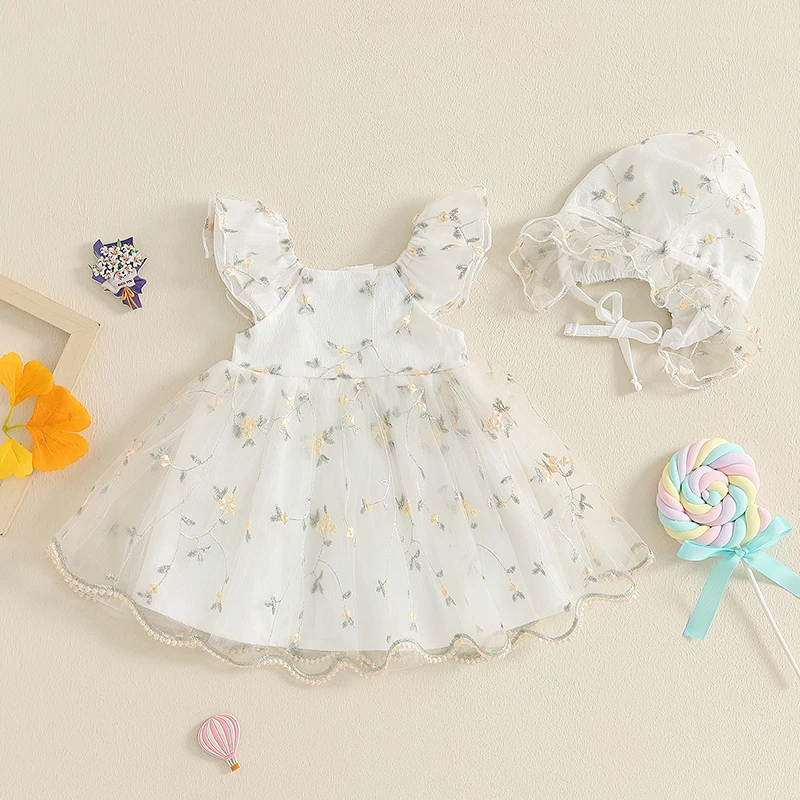 Baby Girl Dress Sets Floral Embroidery Tulle O Neck Flying Sleeve Elegant Cute Dresses with Hat