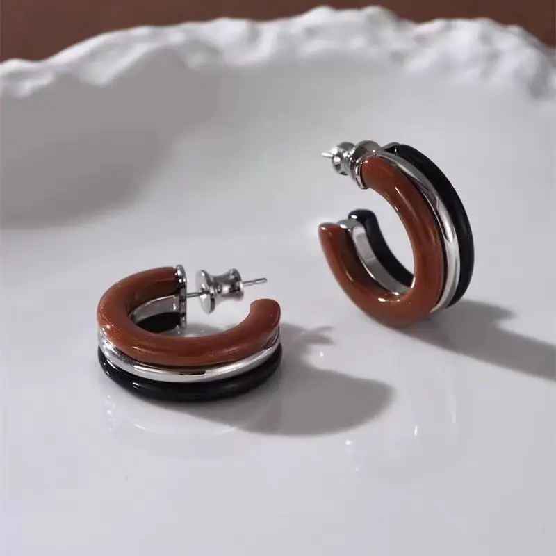 Three-layer Color-blocked C-shaped Resin Earrings for Women Designer Elegant High-end Earrings Fashion Sweet Aretes De Mujer