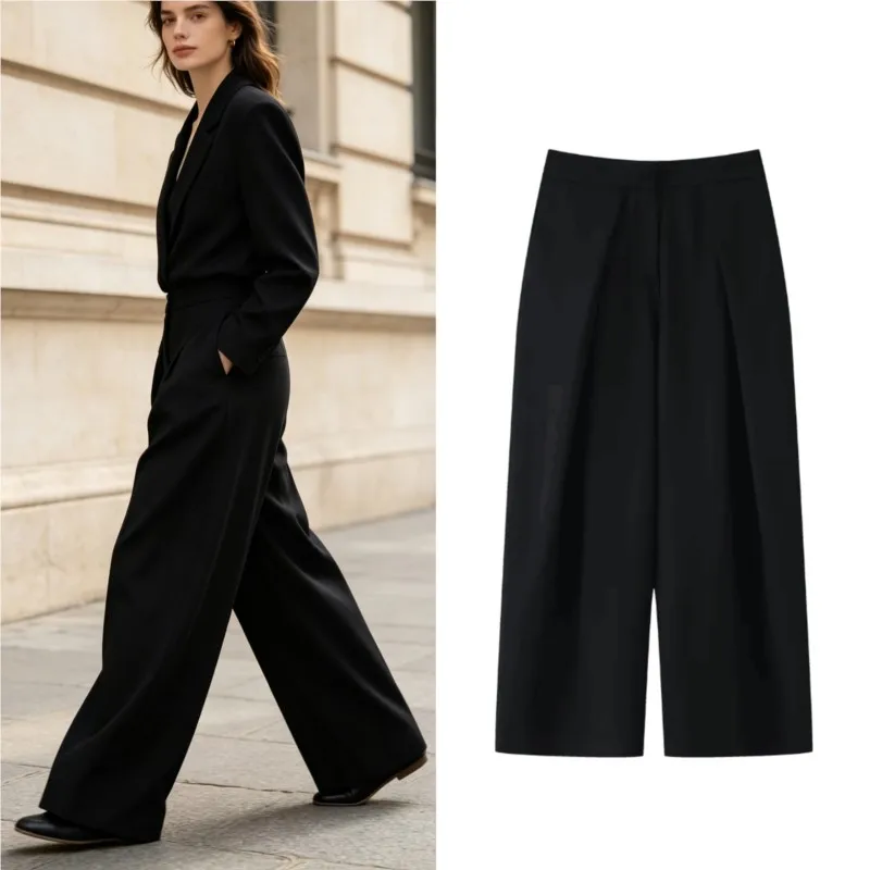 Women's Trousers Autumn New Fashion High Waist Pleats Wide Leg Pants Casual Simple Commuting Female Pants