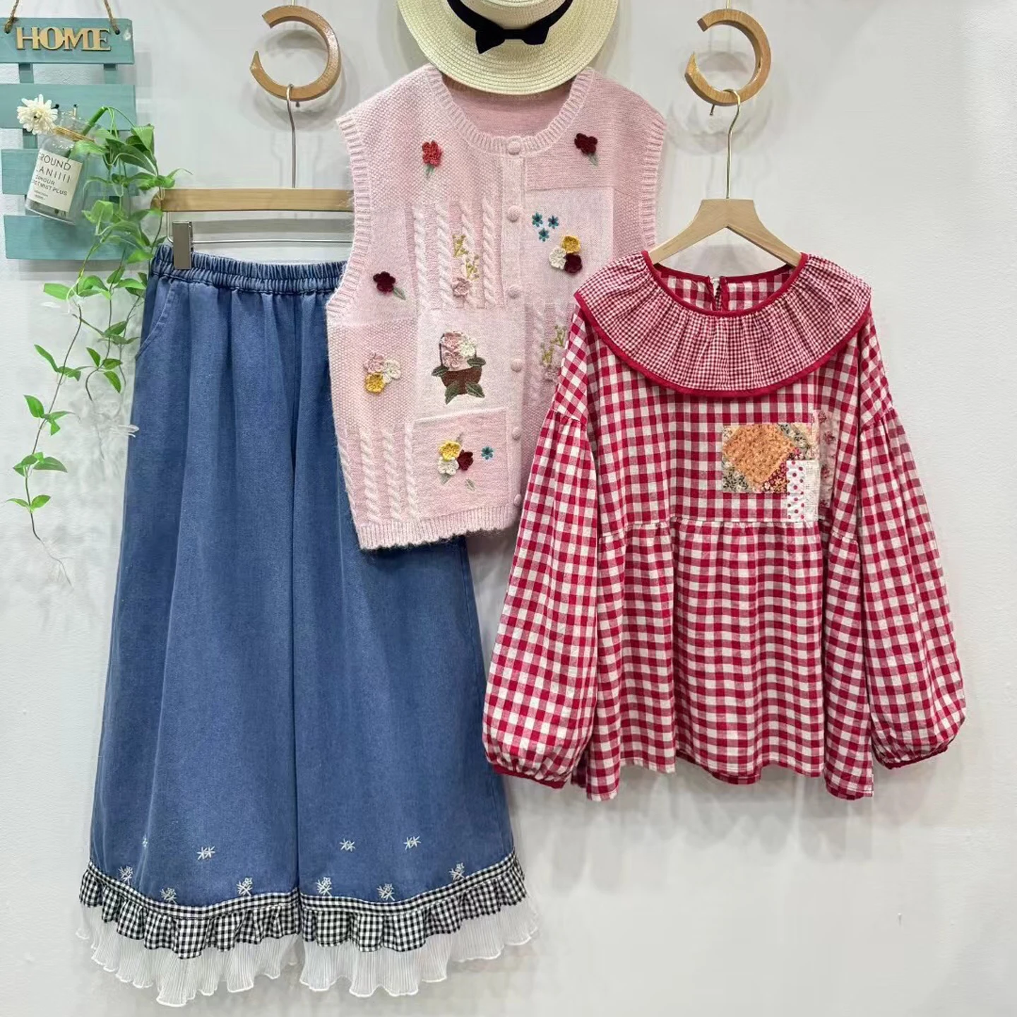 Colletto per bambola da ragazza carina lungo Sve irt Top da donna in cotone casual con vestibilità ampia scozzese floreale vintage giapponese