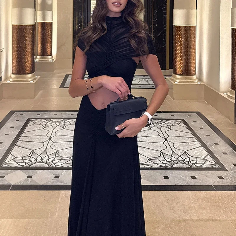 ชุดเดรสออกงานผู้หญิง คอทรงโอ แขนสั้น ทรงเข้ารูป เซ็กซี่ โชว์เอว ชุดเดรสออกงานเรียบง่าย สีพื้น ผ้าตาข่าย จับจีบ ยาว