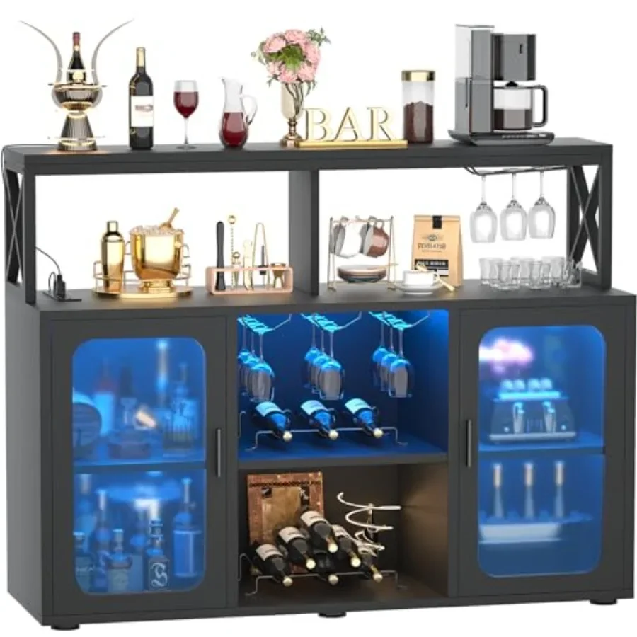 Bar Cabinet with Power Outlets, Liquor Cabinet with Led Lights and Glass Holder, Storage Buffet Cabinet Coffee Bar Cabinet for
