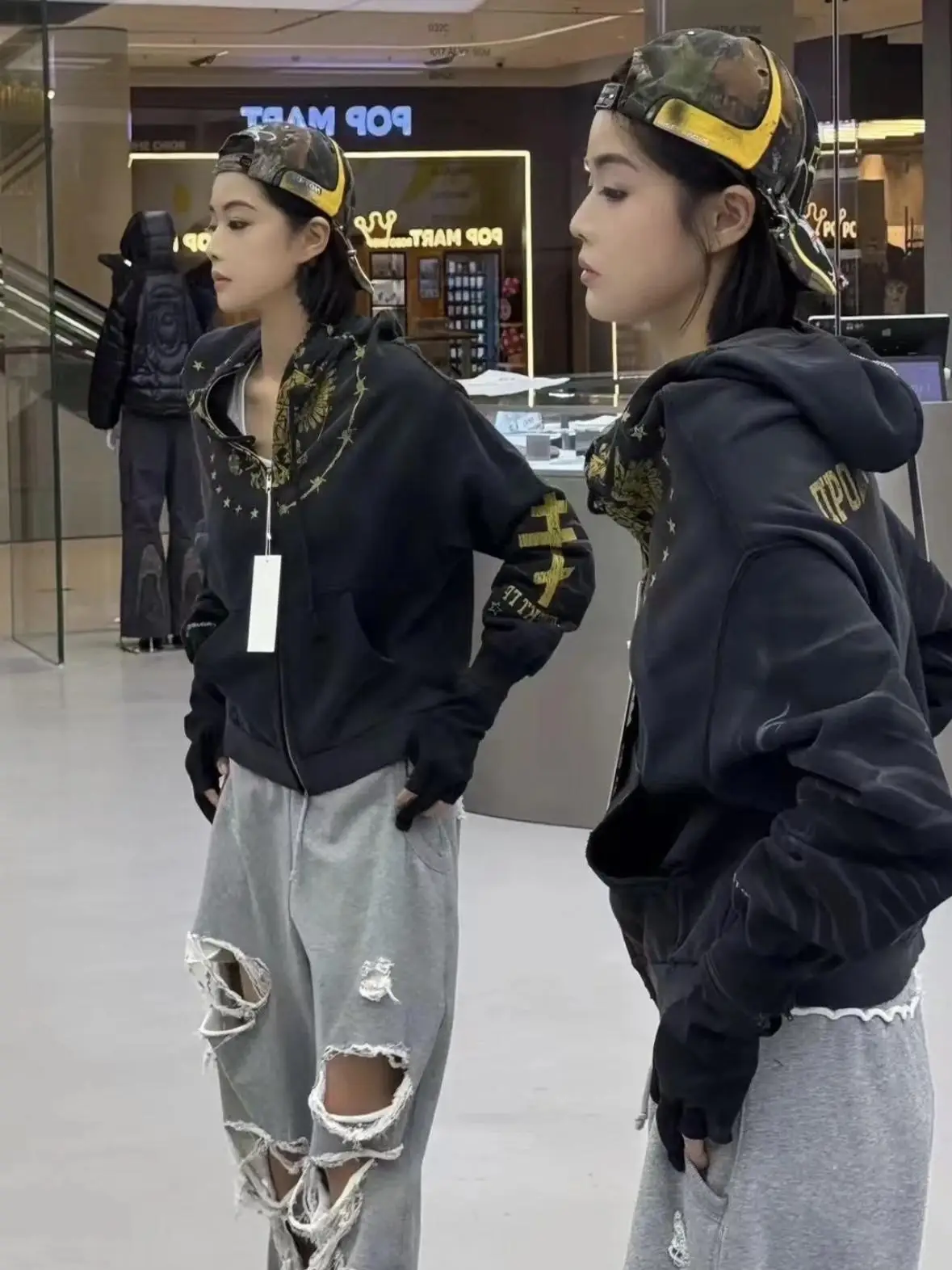 Ailz Pect adient Vintage Double Eagle Wave Print Hoodie One-Piece Cut ex Sweatirt American Sle Loose Fit Youthwear