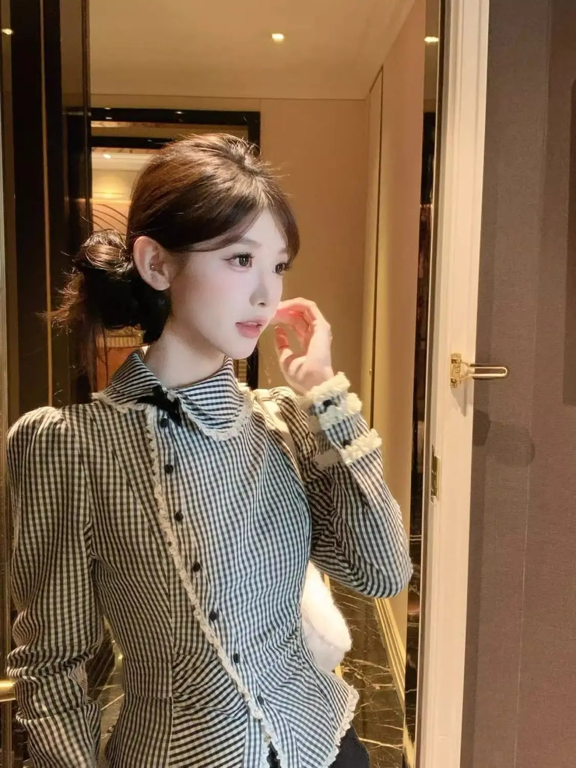 Japanese Slim T-shirt Crop top Woman Clothes Lace Punk Y2k 90s Sweet Fairycore Plaid Summer Basics Long Sleeves Fashion Emo Tees