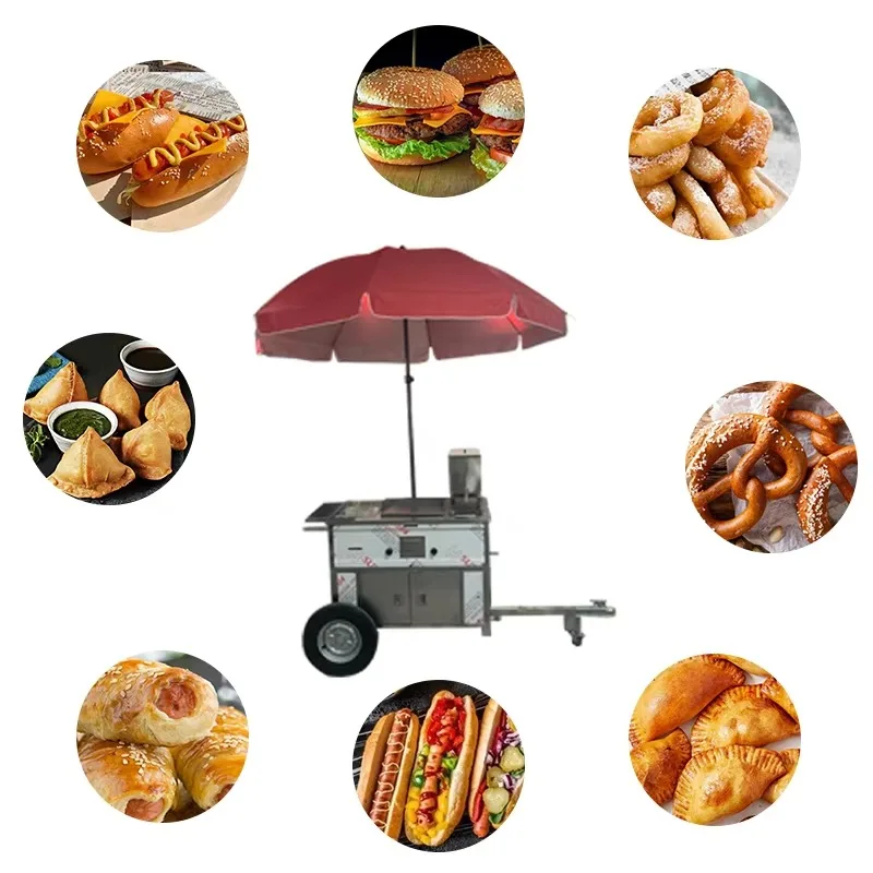 Portable Commercial Food Cart Mobile Hot Dog Vending Stand with Cooking Platform for BBQ and Fried Snacks Custom