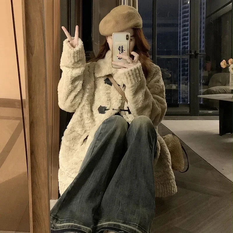 Otoño Invierno señoras espesar abrigo de piel sintética moda femenina coreana chaqueta de lana de cordero 2025 mujeres Casual manga larga prendas de vestir de felpa