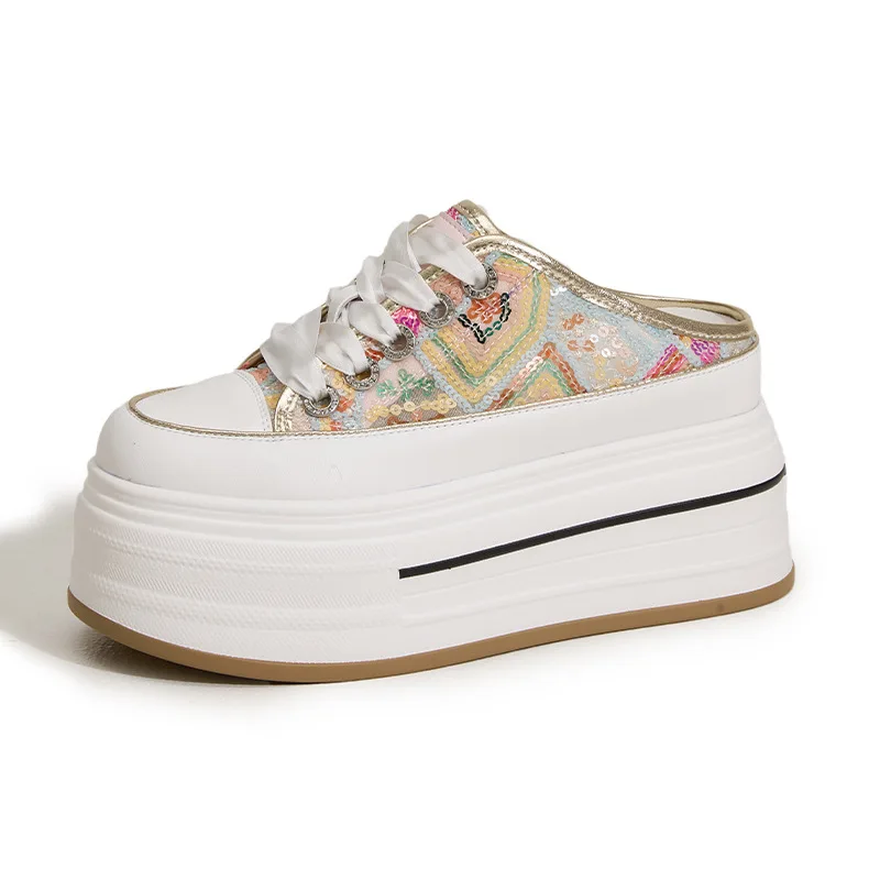 

Женские летние уличные туфли без шнуровки 8 см, белые туфли с высоким берцем и толстой подошвой, универсальная обувь на плоской подошве с дышащей сетчатой поверхностью