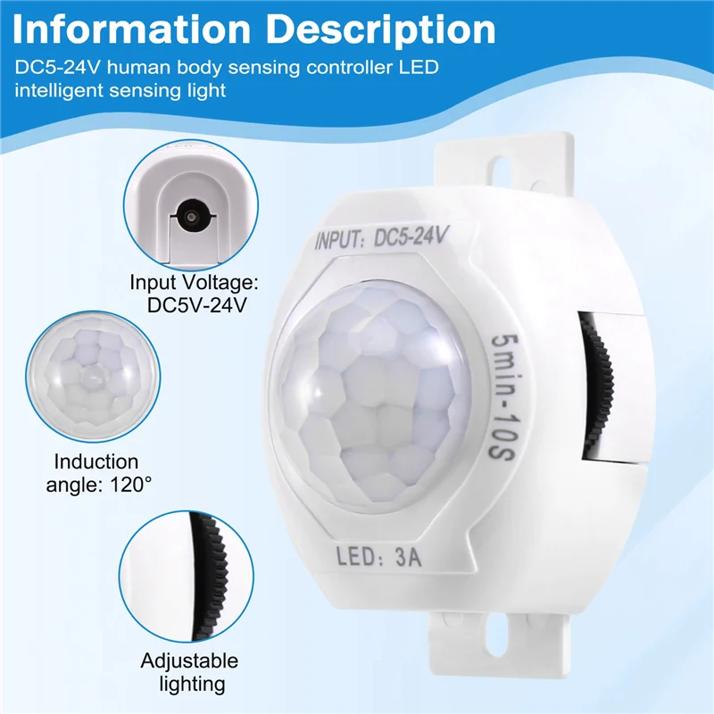 AEE7-PIR Infrared Motion Sensor  DC5-24V Auto On Off Timer Switch Home LED Light Body PIR Motion Sensor Lamp(White)