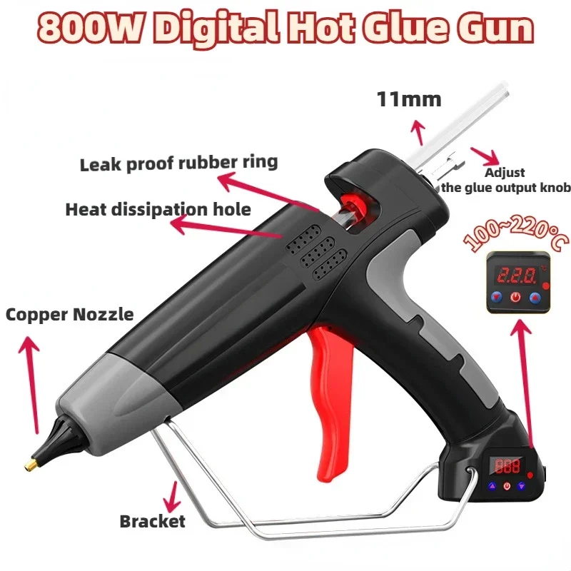 11mm Digital Display Hot Glue Gun with Temperature Control Black 800W Adjustable Glue Output Industrial Silicone Gun US/EU Plug