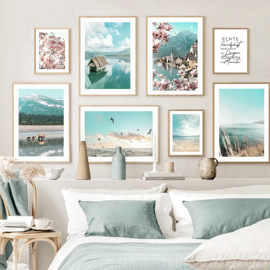 1PCS frameless Nature Mountain Lake Beach Begonia Flower Nordic Posters And Prints Canvas Painting Wall Art Pictures For Living