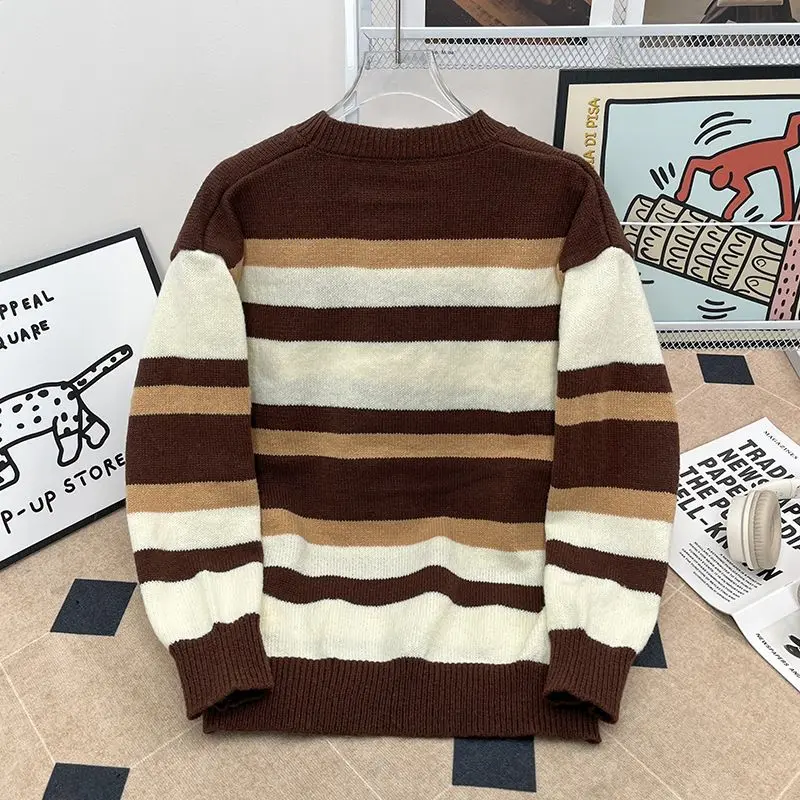 

Американский свободный мужской вязаный свитер в полоску Ne Thiened, зимний повседневный трикотаж для пар, ленивый Sle