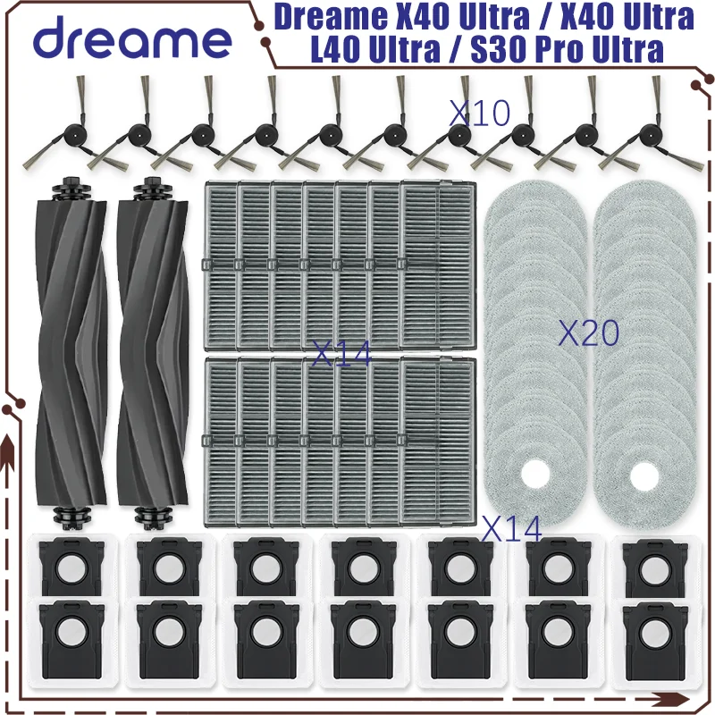 Dreame X40 Ultra /X40 Ultra Complete / X40 Pro / S30 Pro Ultra Vacuum Parts Main Roller Side Brush Hepa Filter Dust Bag
