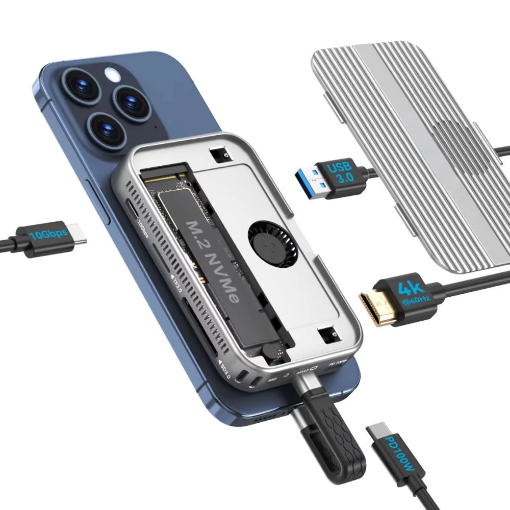 USB C Hub With Magnetic M.2 NVMe SSD Enclosure Cooling Fan 4K 60Hz HDMI 10Gbps Docking Station