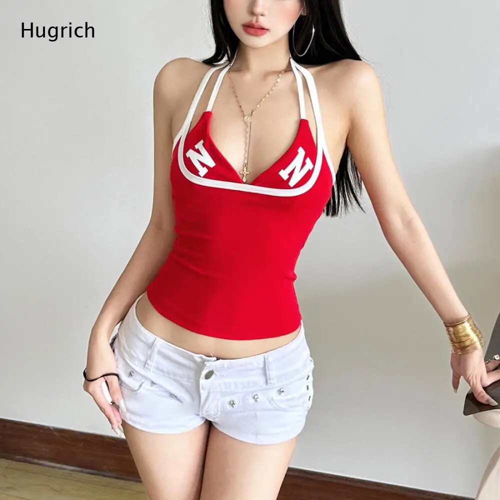 Red Halter Neck Tank Top for Women with White Letter Print Trim V Neck Double Strap Slim Fit Casual Style