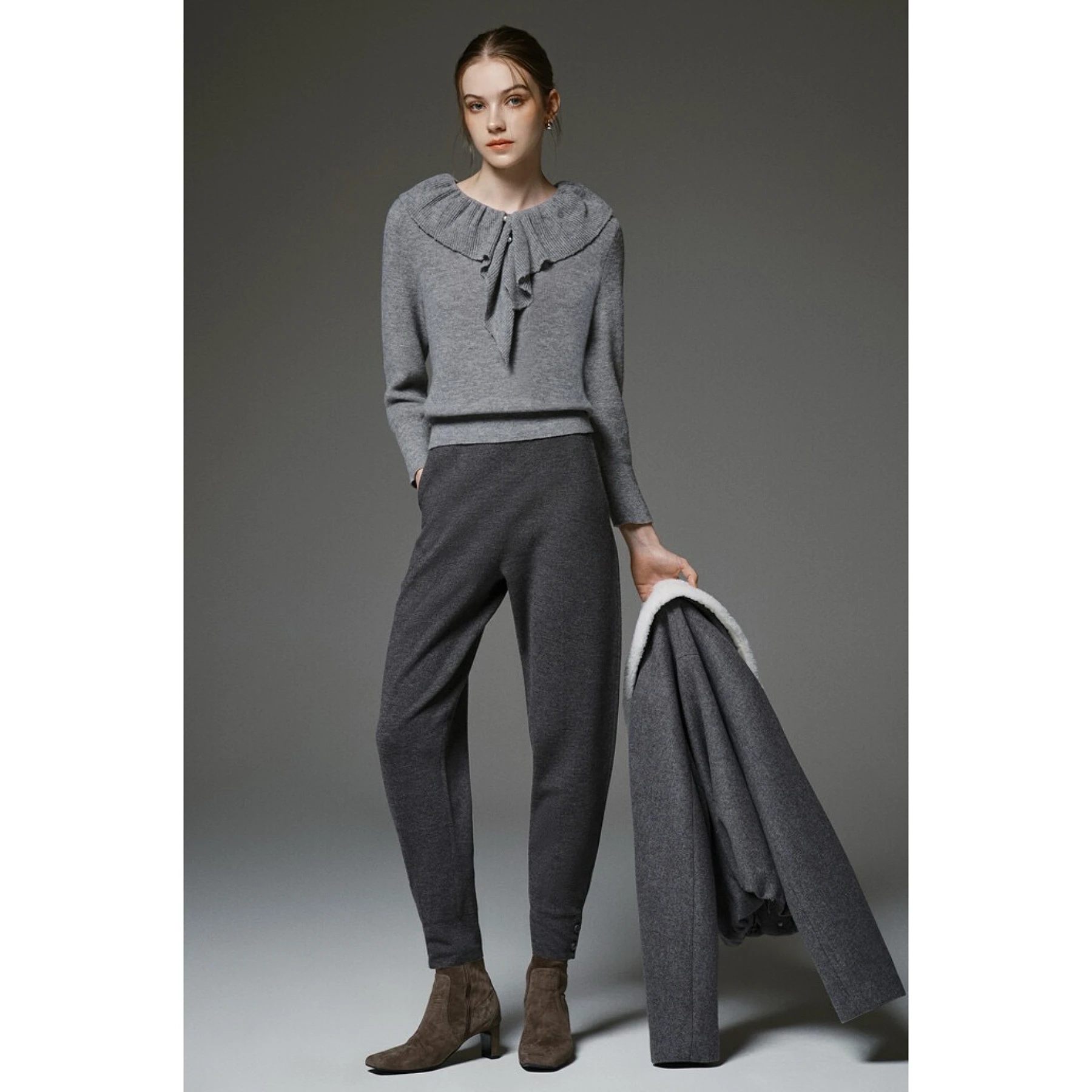 Faionable الليمون الجبن MIN25 الخريف الصوف محبوك سترة الوقوف طوق جرس Sve التخسيس تنوعا تخفيف Sle طويل Sve