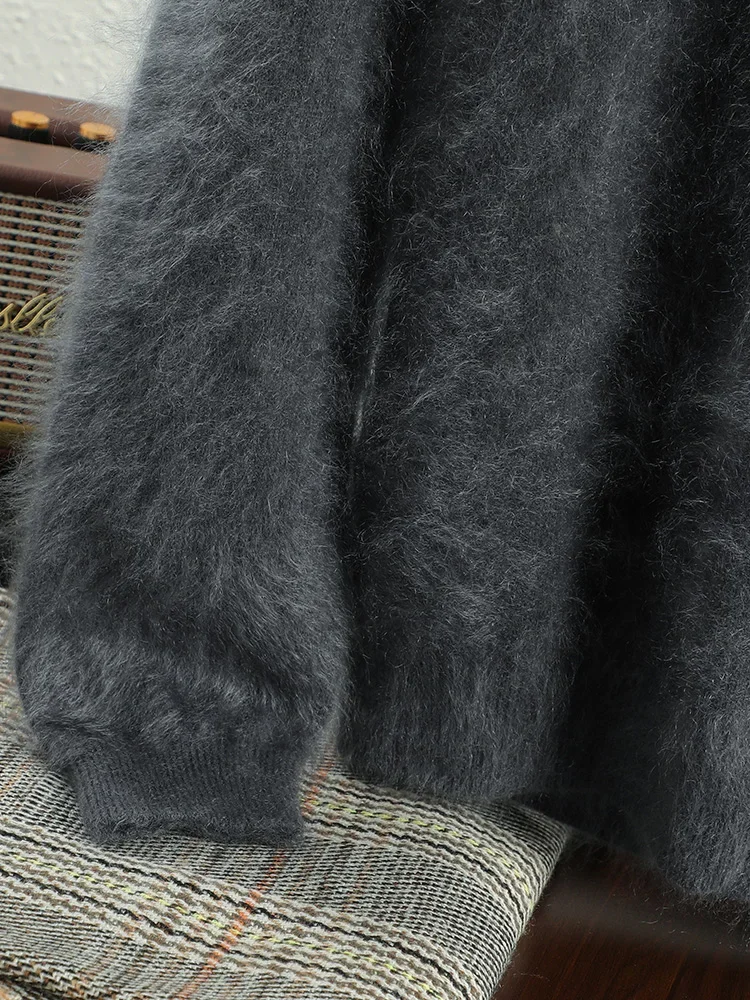 2024 Men 100% Plush Cashmere Sweaters Mock Neck Basic Pullovers Long Fluff Pure Brushing Cashmere Half High Collar Jumper Winter