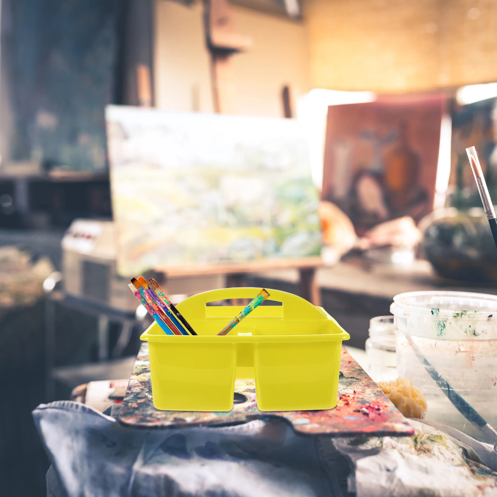 

2pcs Handheld Art Supply Storage Basket Large Capacity Stationery Holder Plastic Tool Container Bright Color Pen Organizer