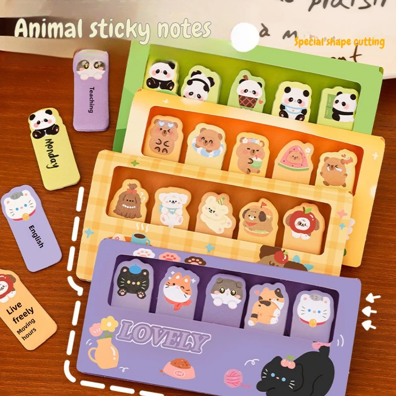 30Sheet*5Pcs Cute Animal Index Convenience Sticker Cartoon Panda Cat Puppy Capybara School Student Tearable Memo Tags Sticky Pad