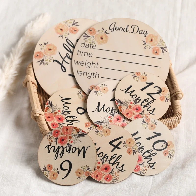 Wooden Flower Double Sided Wooden Baby Engraved Age Photography Accessories Baby Monthly Milestone Cards For Birthing Gifts