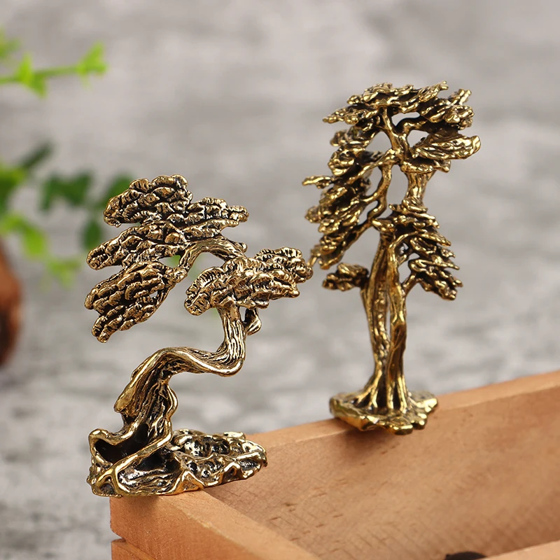 1Pc Brass Mini Welcome Pine Figurine Tree Miniature Landscape Small Bonsai Tree Statues Decorations Accessories