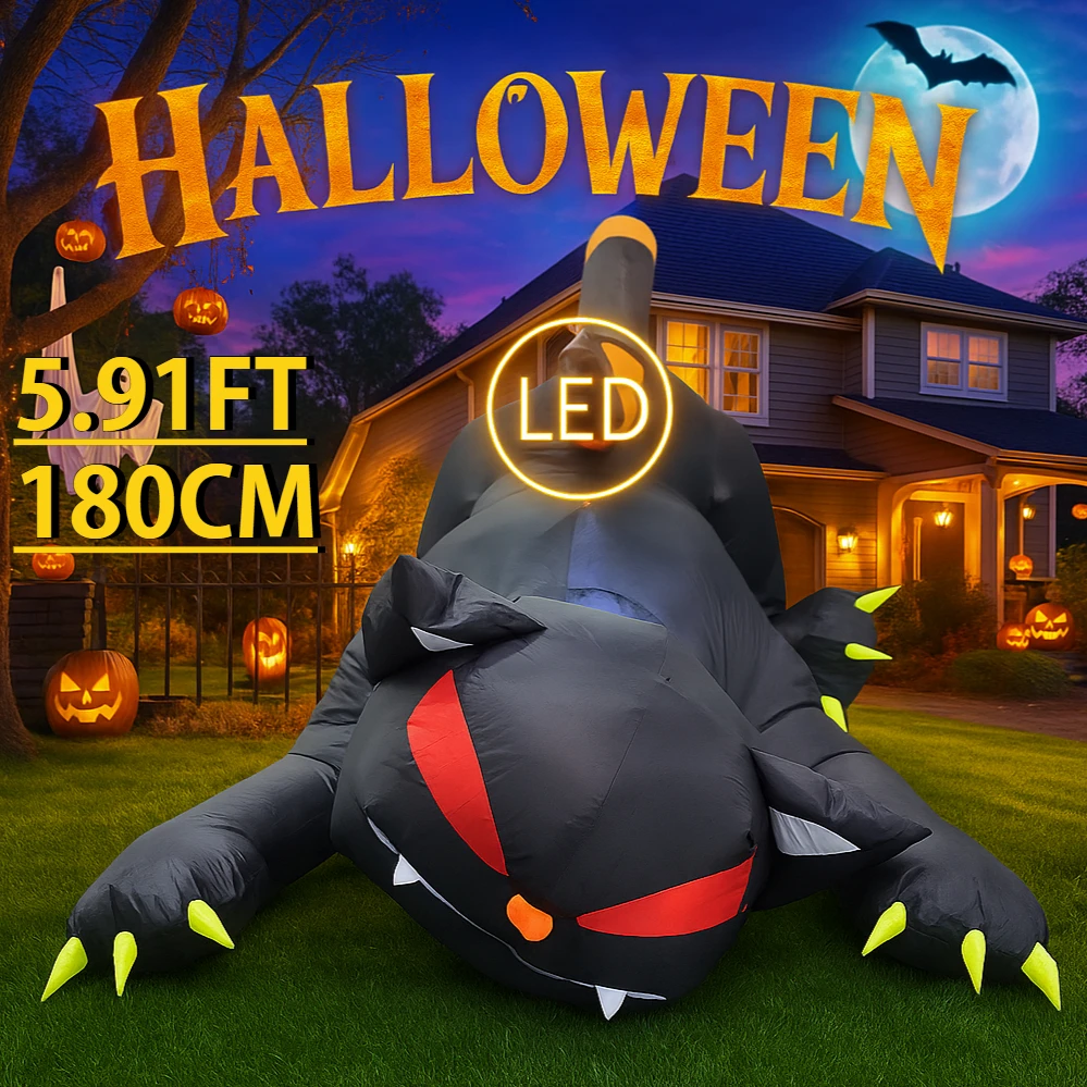 5.91FT في الهواء الطلق عطلة الديكور هالوين القط الأسود لعبة يهز رئيس حديقة حفلة المدمج في أضواء LED ساحة ديكور ديكور المنزل