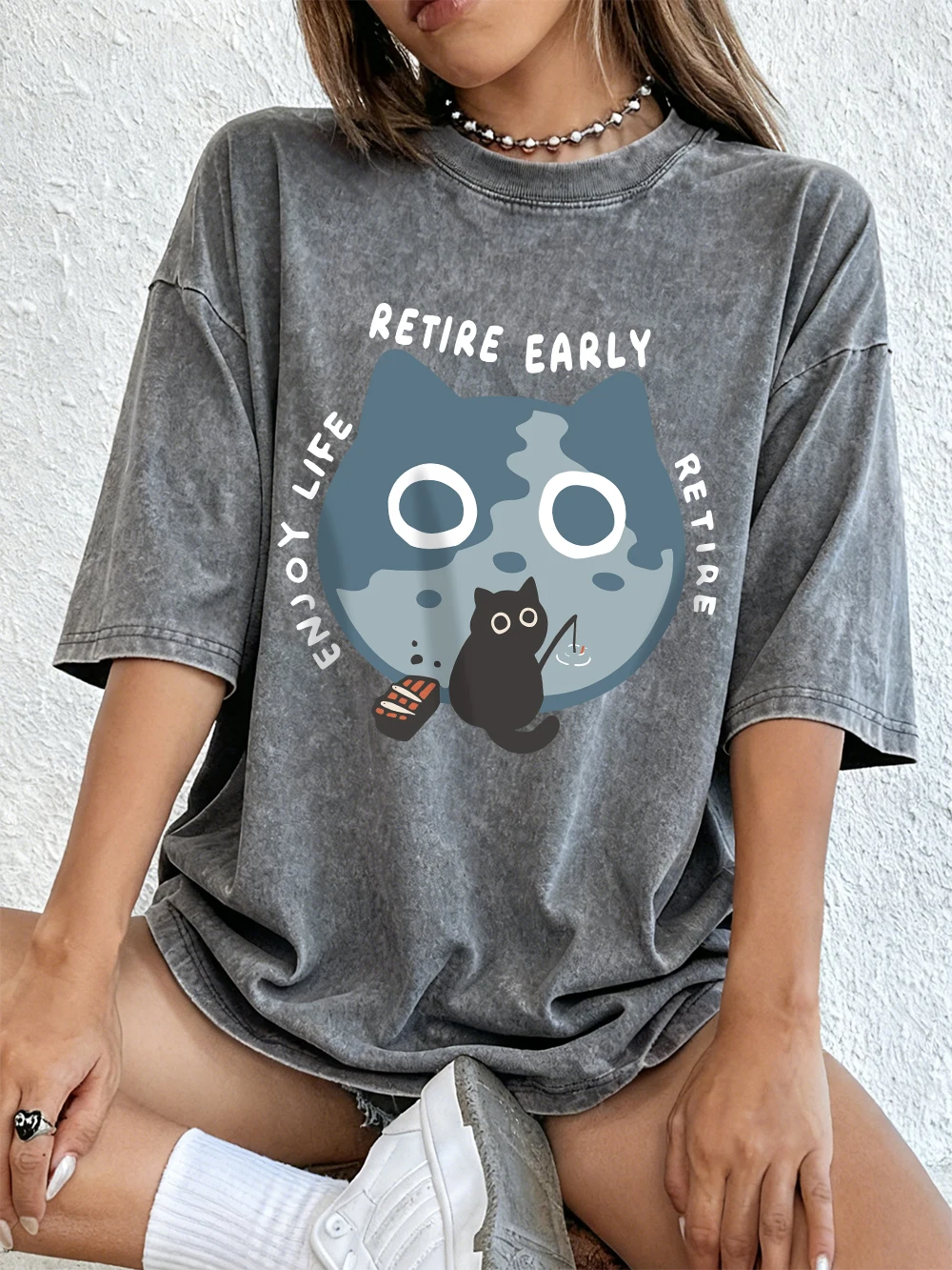 

Retire Early Enjoy Life Cat Prints Промытые футболки Женские хлопковые топы с короткими рукавами Повседневная футболка большого размера с круглым вырезом Летняя одежда