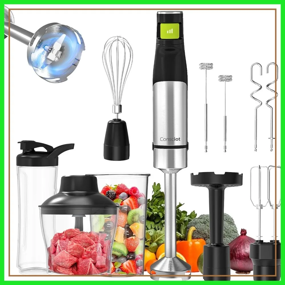

10-in-1 Immersion Blender Handheld Max 1100W with Entire Stainless Steel Shaft, Trigger Speed Control, 800ml Beaker, 600ml Chopper, Beaters, Frothers, Hooks, Masher, Whisk & Cup