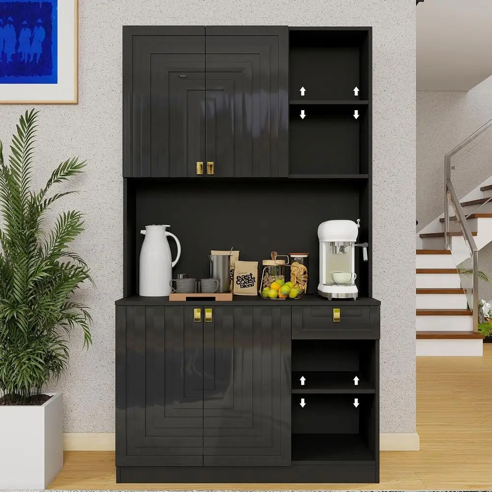 

Черный деревянный сервант с ящиками, хранилищем столовых приборов, розеткой и рифленым дизайном для кухни, столовой, гостиной - вилка стандарта США