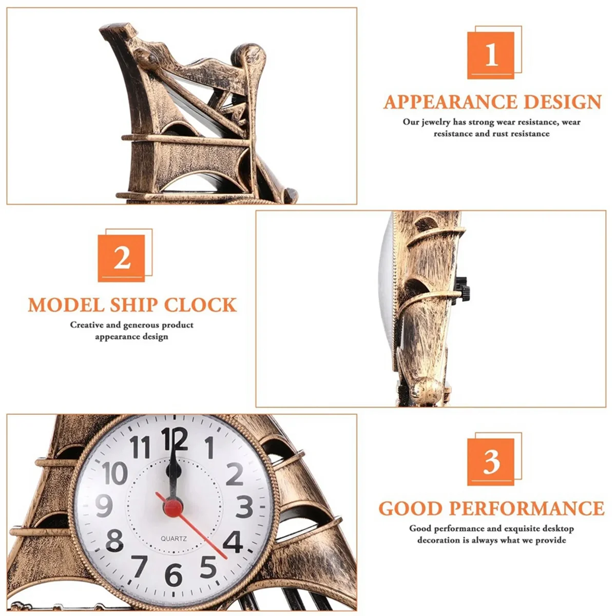 

New Clock Alarm Sailboat Table Vintage Retro Model Ornament Nautical Desk Clocks Boat Figure Silent Bedside,Gold