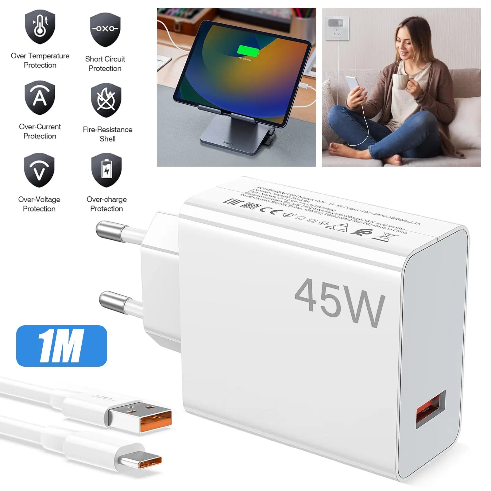 Szybka ładowarka 45W z kablem ładującym 1M 6A, kompatybilna z ładowarkami Millet z kablem USB C 45W i 6A.