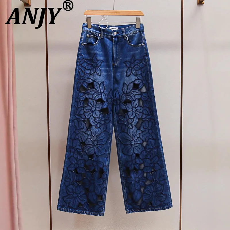 

ANJY Autumn New Women High-End Fashion Floral Embroidery Hollow Out Temperament Chic Ins Jeans Trend Tide Versatile Pants A10638