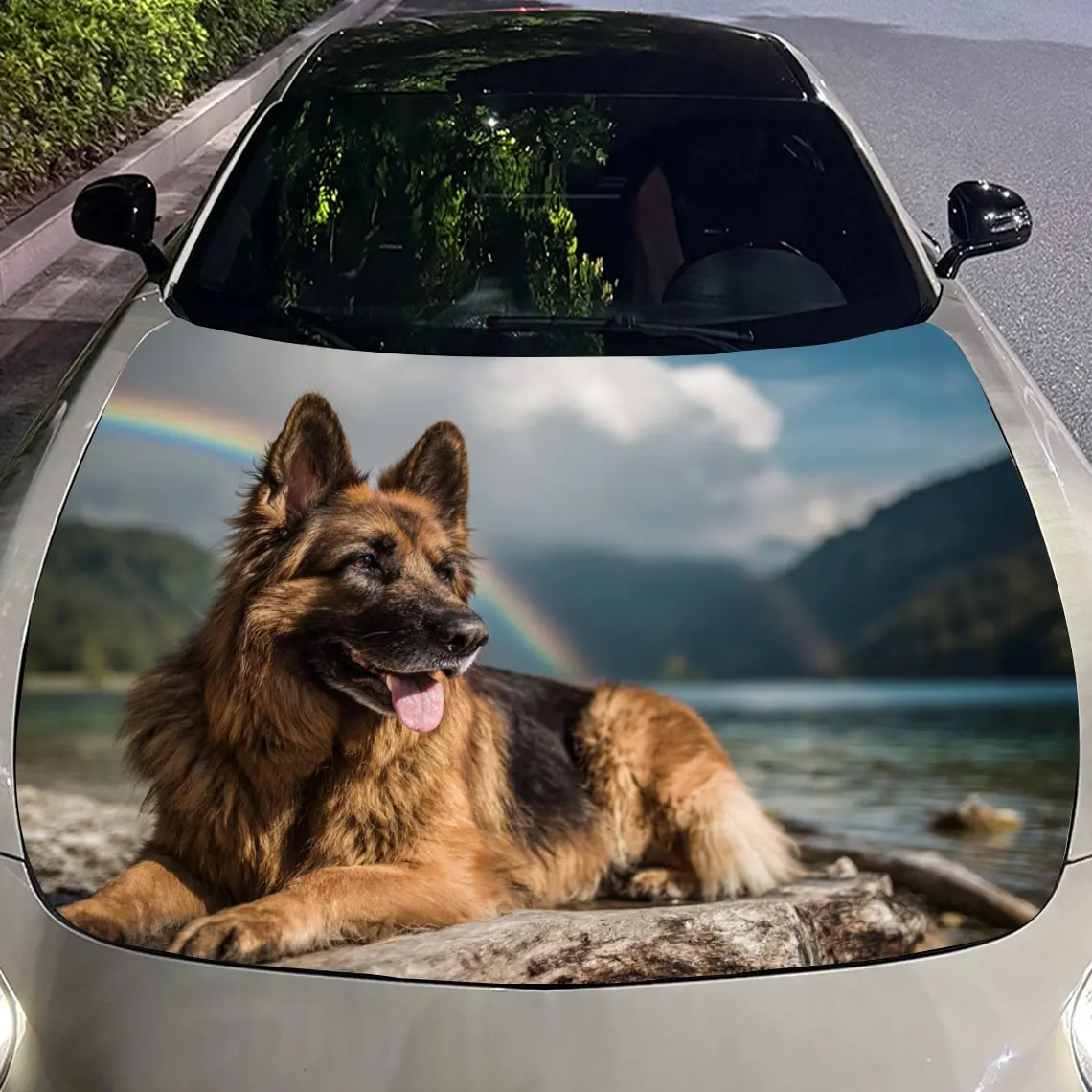 ملصقات سيارة راعي ألماني واقعي يسكع بحيرة مع ملصق غطاء محرك السيارة بخلفية قوس قزح وجبال، مقاوم للماء